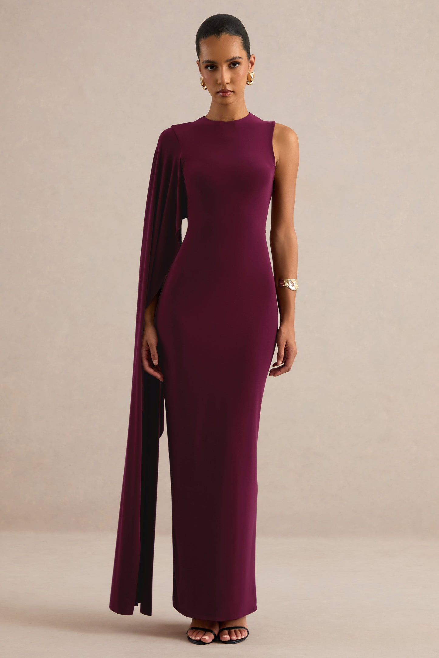 Maravelle | Burgundy Round-Neck Maxi Dress With Cape Sleeve
