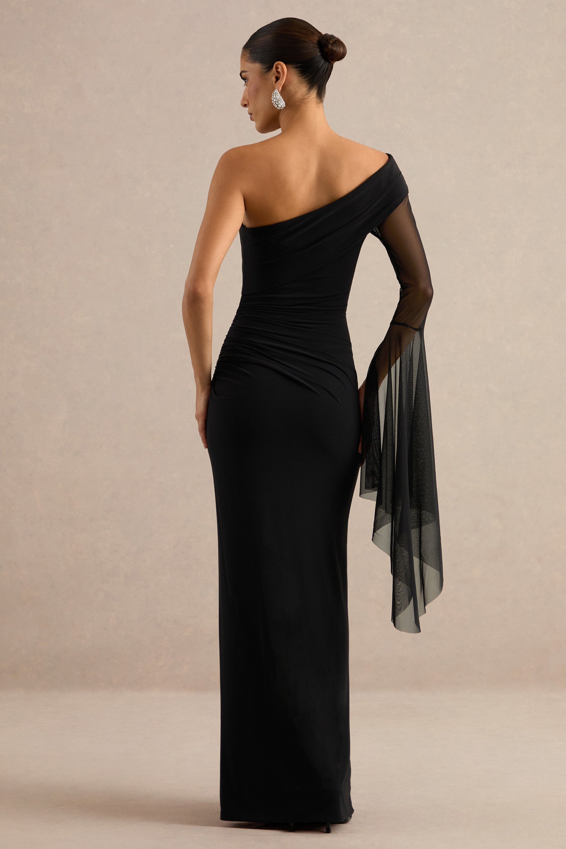 Evony | Black Asymmetric-Neck Maxi Dress With Sheer Cape Sleeve