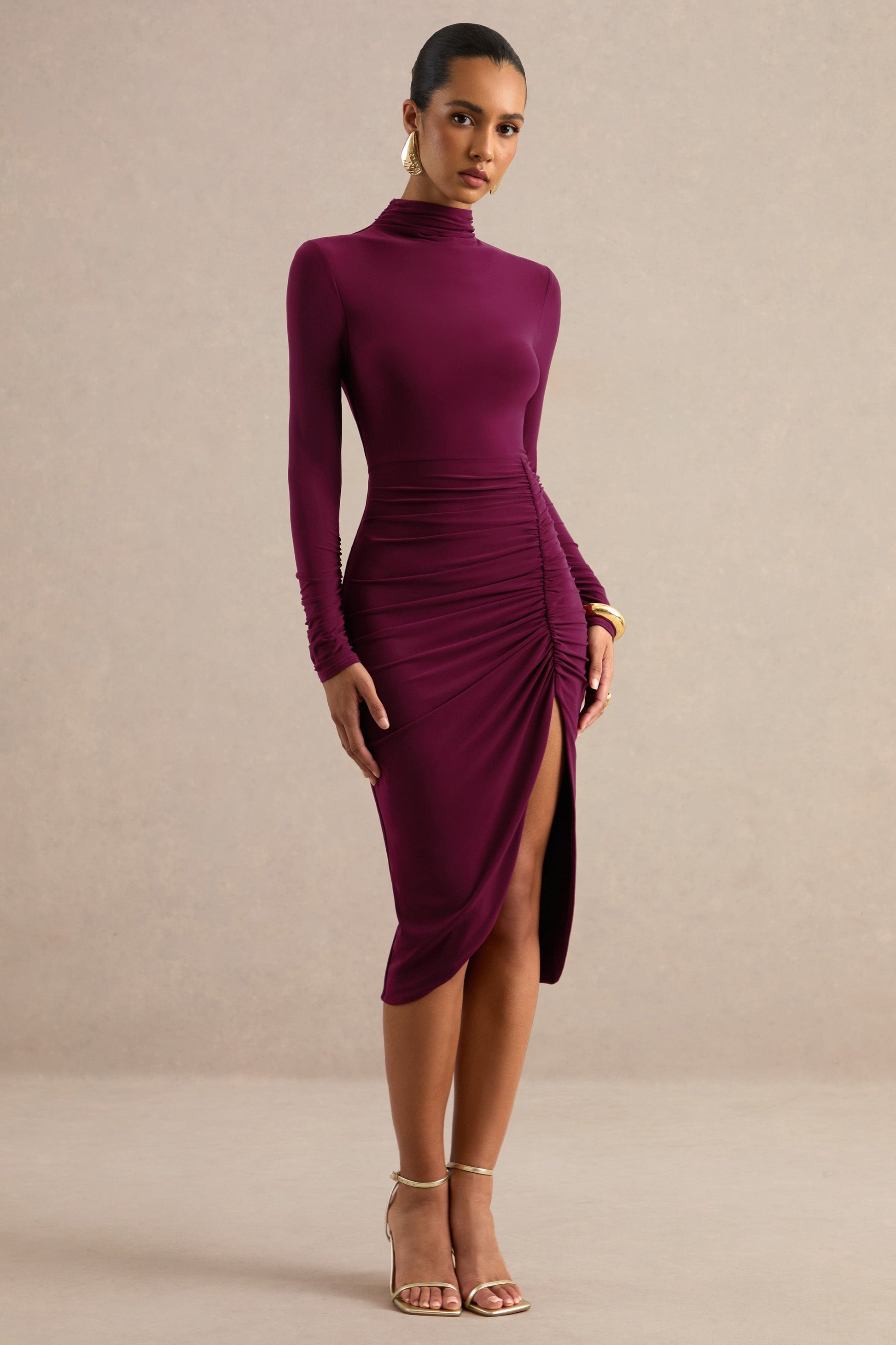Faylinn | Burgundy High-Neck Midi Dress With Draped Detailing And Front Split