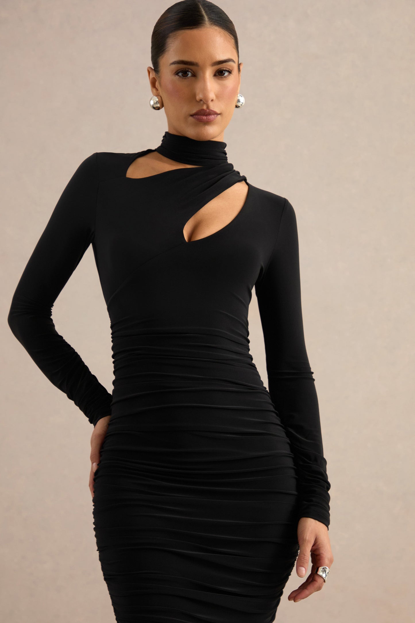 Fiorina | Black High-Neck Midi Dress With Chest Cut-Outs