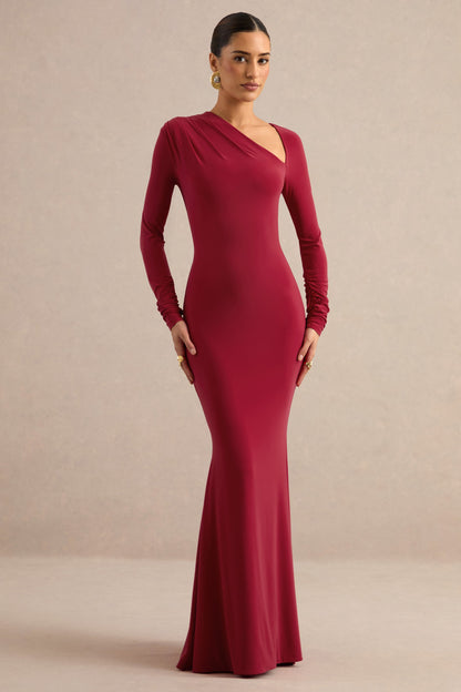 Florabella | Red Asymmetric-Neck Long Sleeve Maxi Dress