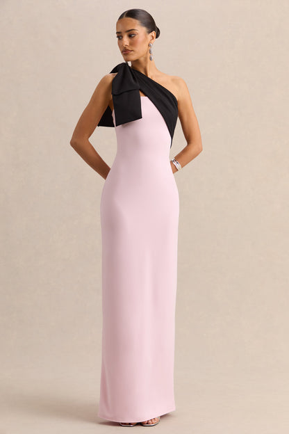 Adara | Pink & Black Asymmetric-Neck Maxi Dress With Bow-Detail