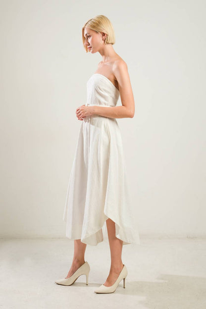 LIFE'S COMPASS WHITE STRAPLESS MIDI DRESS