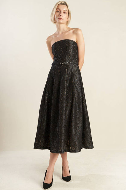 THE TRUTH IS STRAPLESS BLACK LACE MIDI DRESS