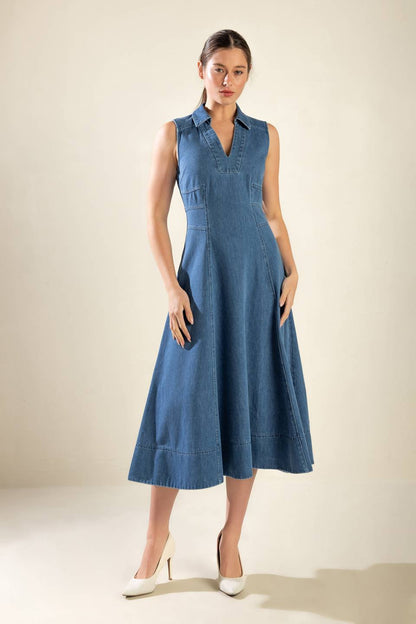THE GENEVIEVE SHIRT COLLAR DENIM MIDI DRESS