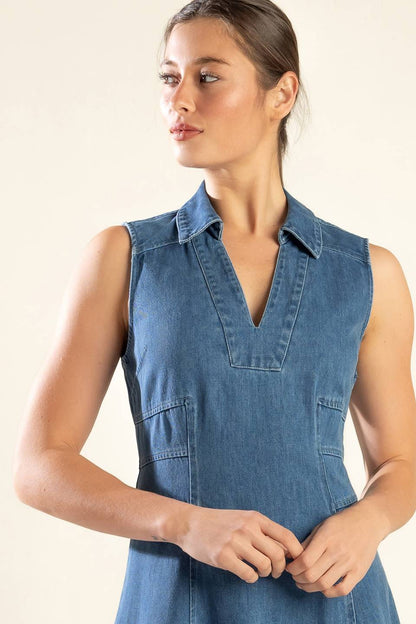 THE GENEVIEVE SHIRT COLLAR DENIM MIDI DRESS
