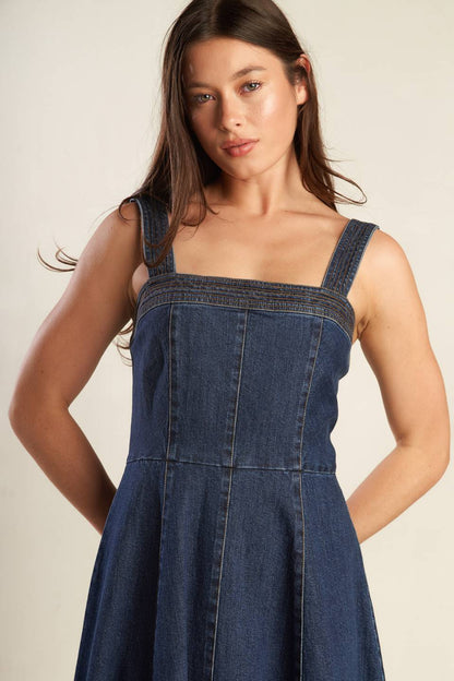 AUTUMN ESCAPE DARK DENIM MIDI DRESS