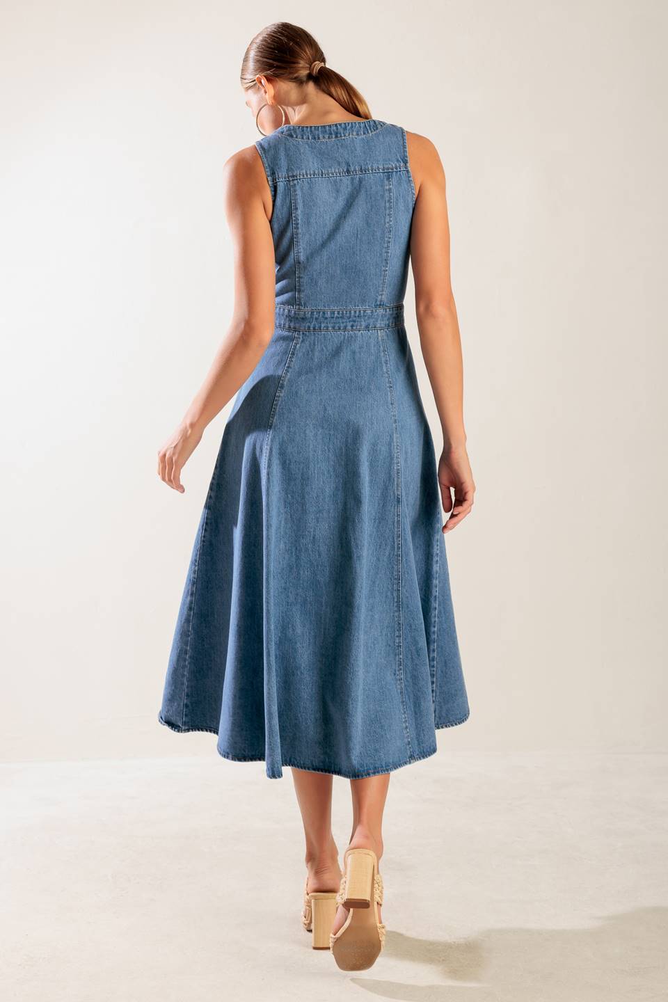 THE JOURNEY BEGINS BUTTON DOWN DENIM MIDI DRESS