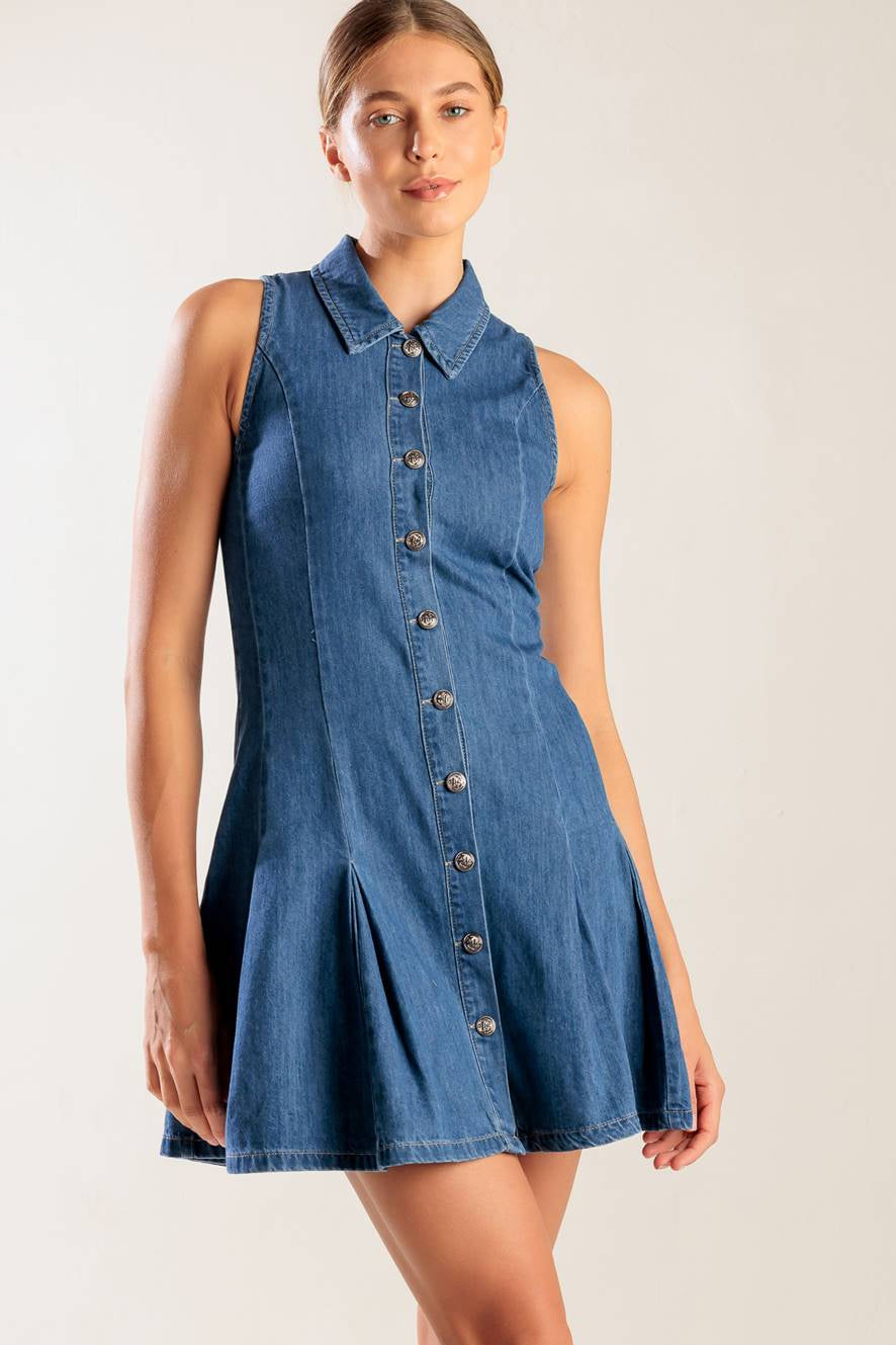 WHERE I WANT TO BE BUTTON FRONT DENIM MINI DRESS