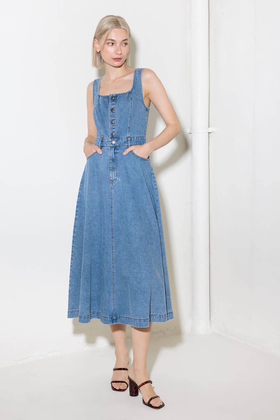 SOFTLY ROMANTIC SQUARE NECK DENIM MIDI DRESS