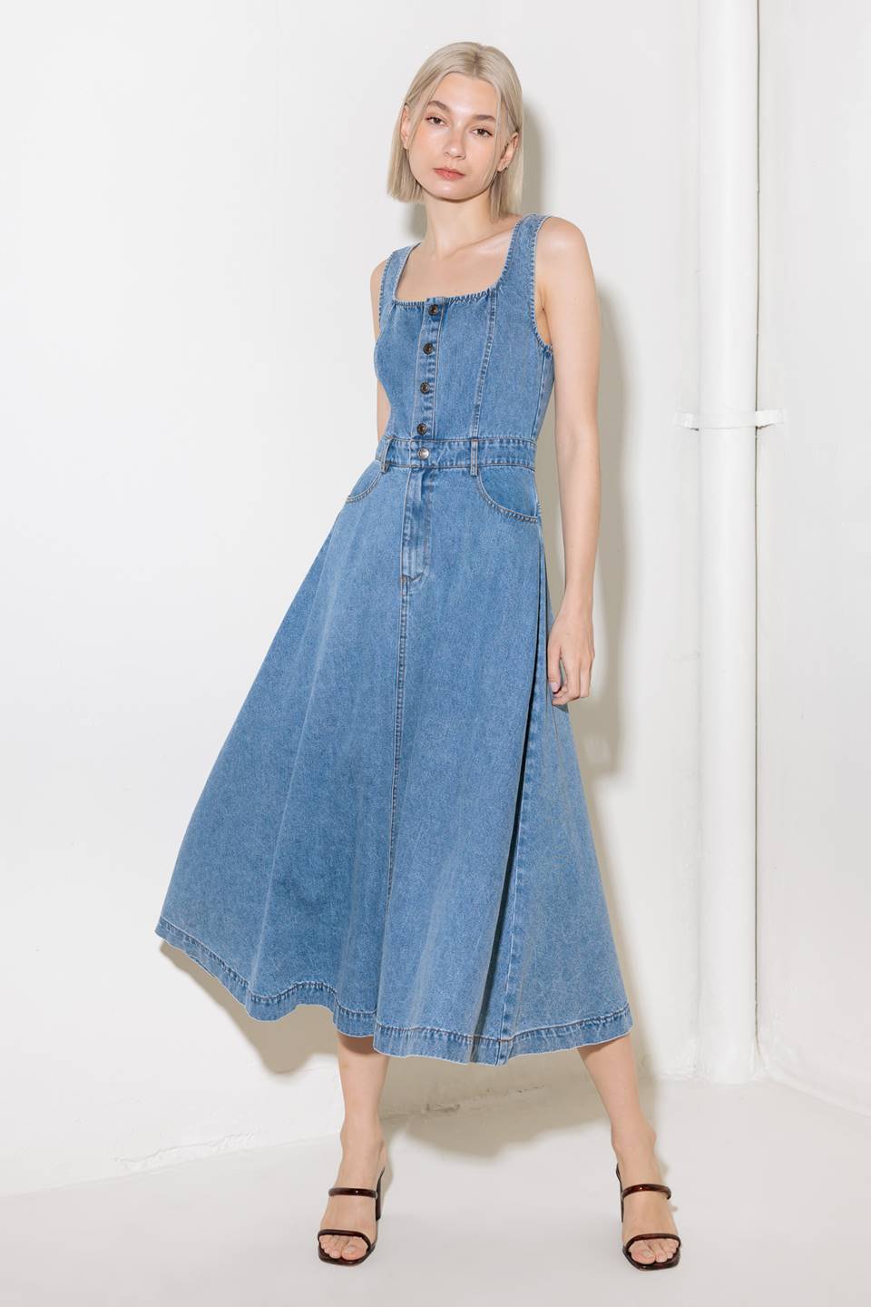 SOFTLY ROMANTIC SQUARE NECK DENIM MIDI DRESS
