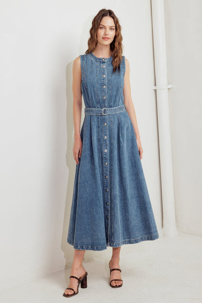 MIDNIGHT RODEO BELTED DENIM MIDI DRESS