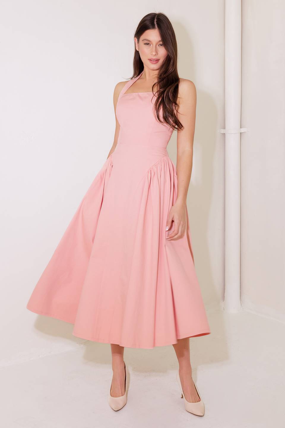CAUGHT IN THE RAIN HALTER MIDI DRESS SOFT PINK
