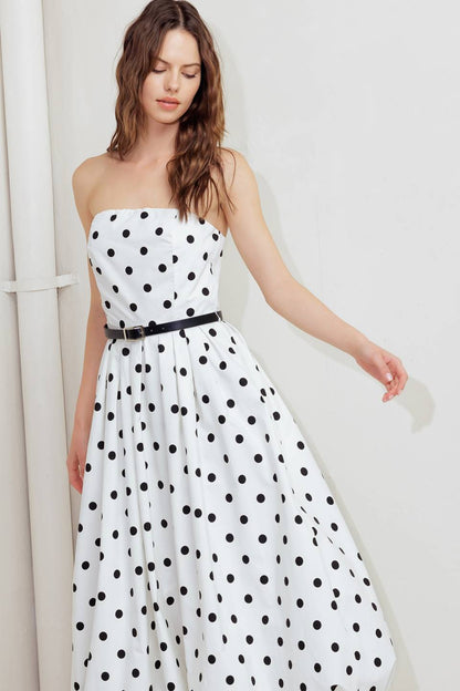 POLKA DOT WHITE & BLACK BUBBLE HEM MIDI DRESS