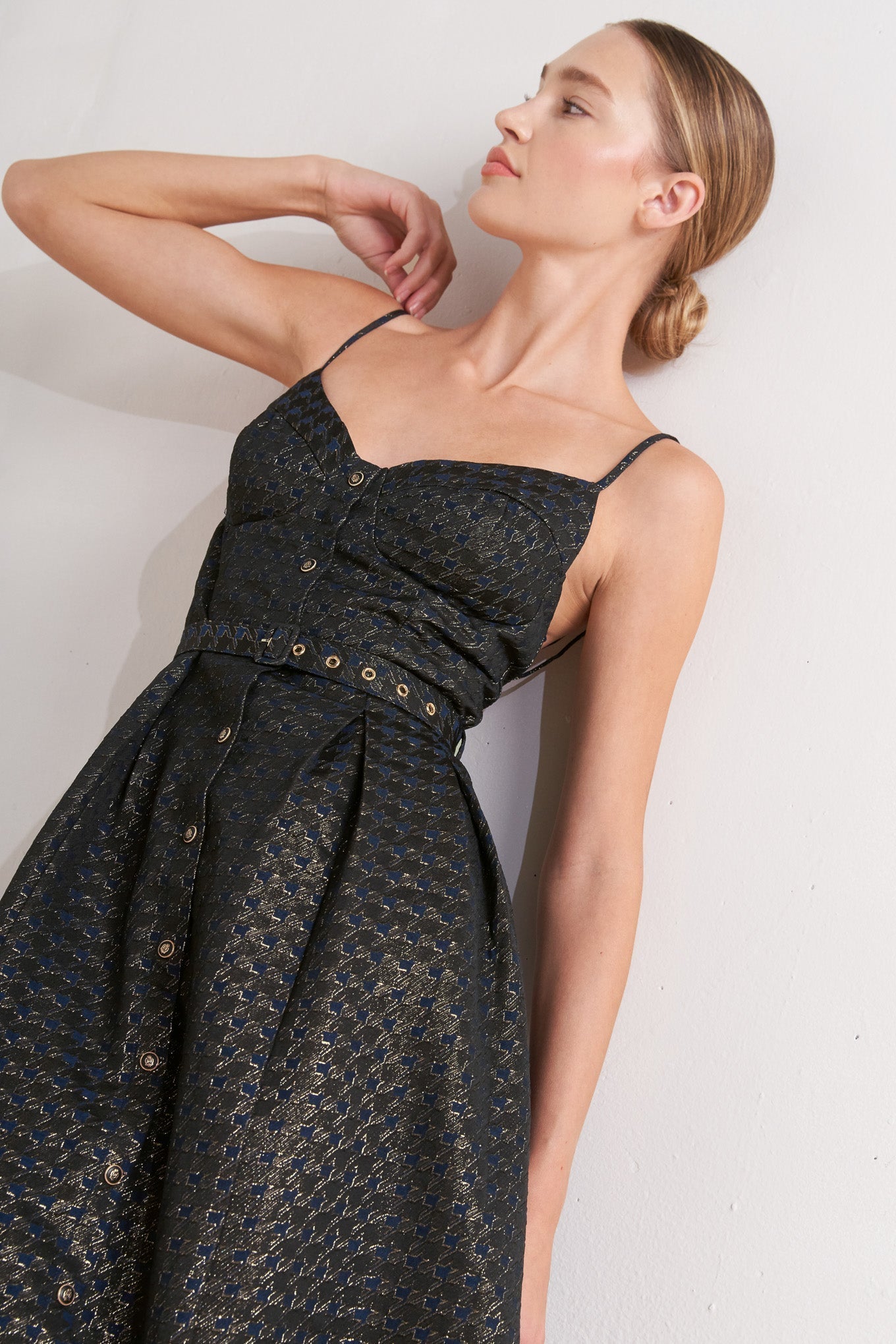 NOIR TAPESTRY NAVY & GOLD MIDI DRESS