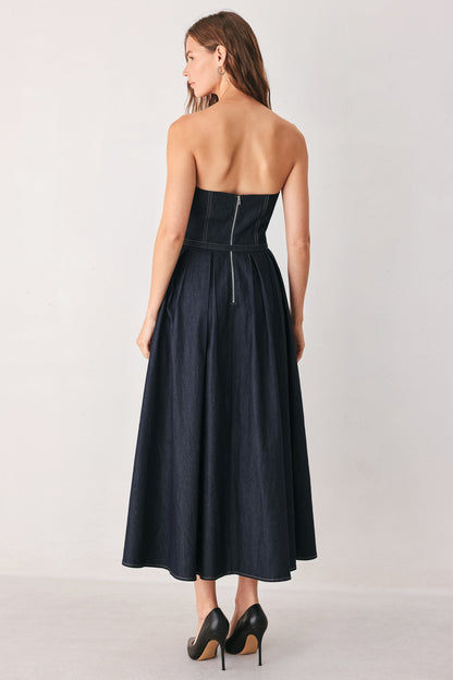 PARTY MUSE STRAPLESS DARK DENIM MIDI DRESS