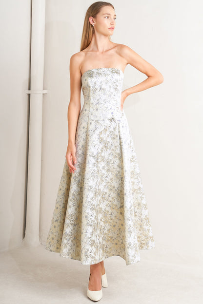 WHITE & GOLD JACQUARD STRAPLESS MIDI DRESS