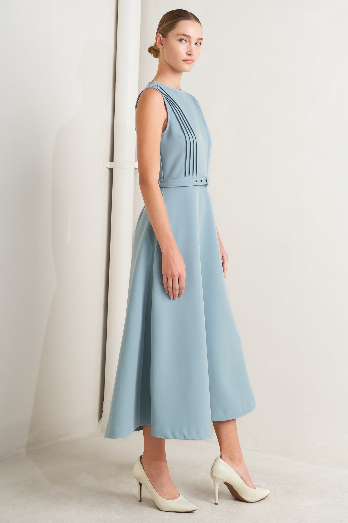SOFTLY SPOKEN BLUE PINTUCK MIDI DRESS