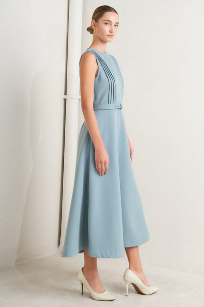 SOFTLY SPOKEN BLUE PINTUCK MIDI DRESS