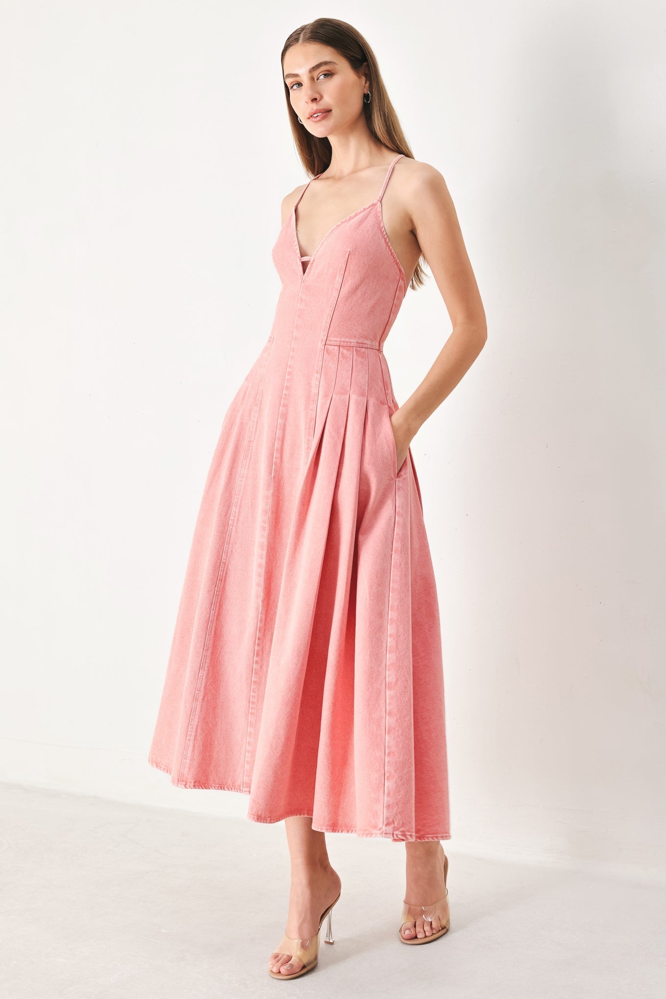 PINK HAZE OPEN BACK DENIM MIDI DRESS