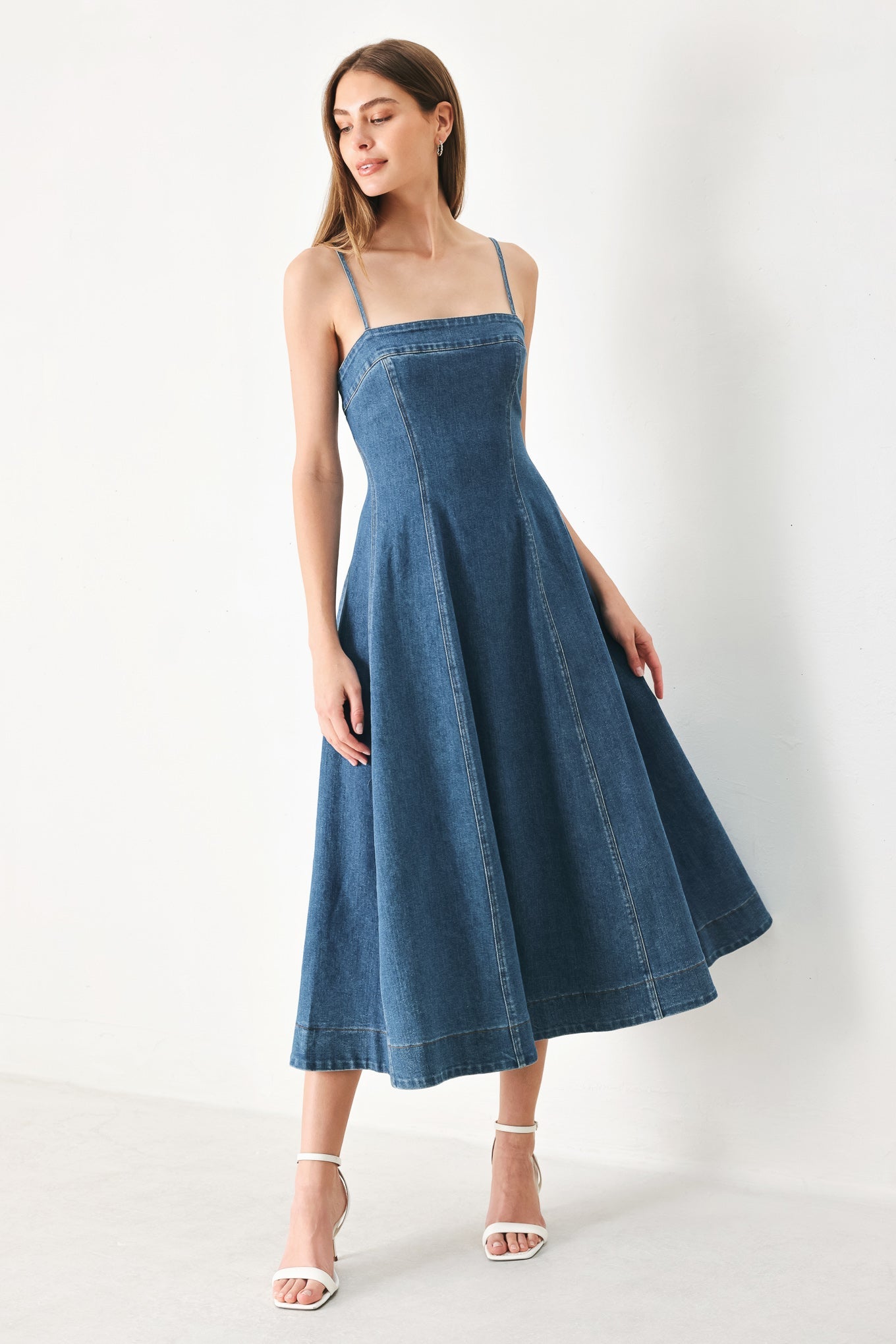 SUMMER INDIGO STRAIGHT NECK DENIM MIDI DRESS