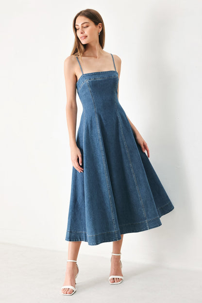 SUMMER INDIGO STRAIGHT NECK DENIM MIDI DRESS