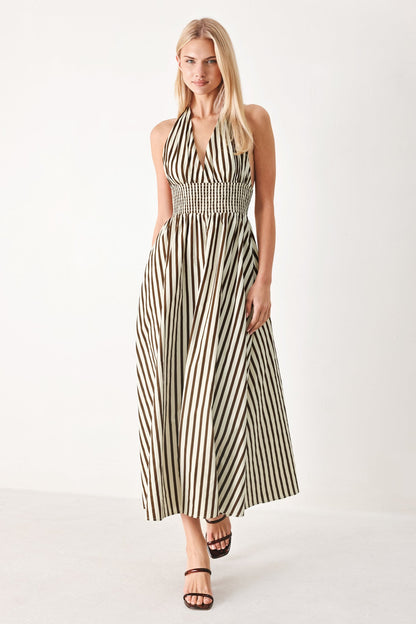 VACATION STRIPED HALTER MIDI DRESS