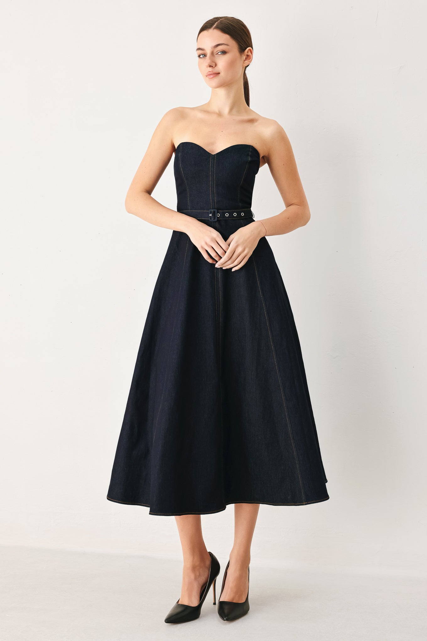 ICONIC INDIGO STRAPLESS DARK DENIM MIDI DRESS