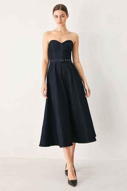 ICONIC INDIGO STRAPLESS DARK DENIM MIDI DRESS