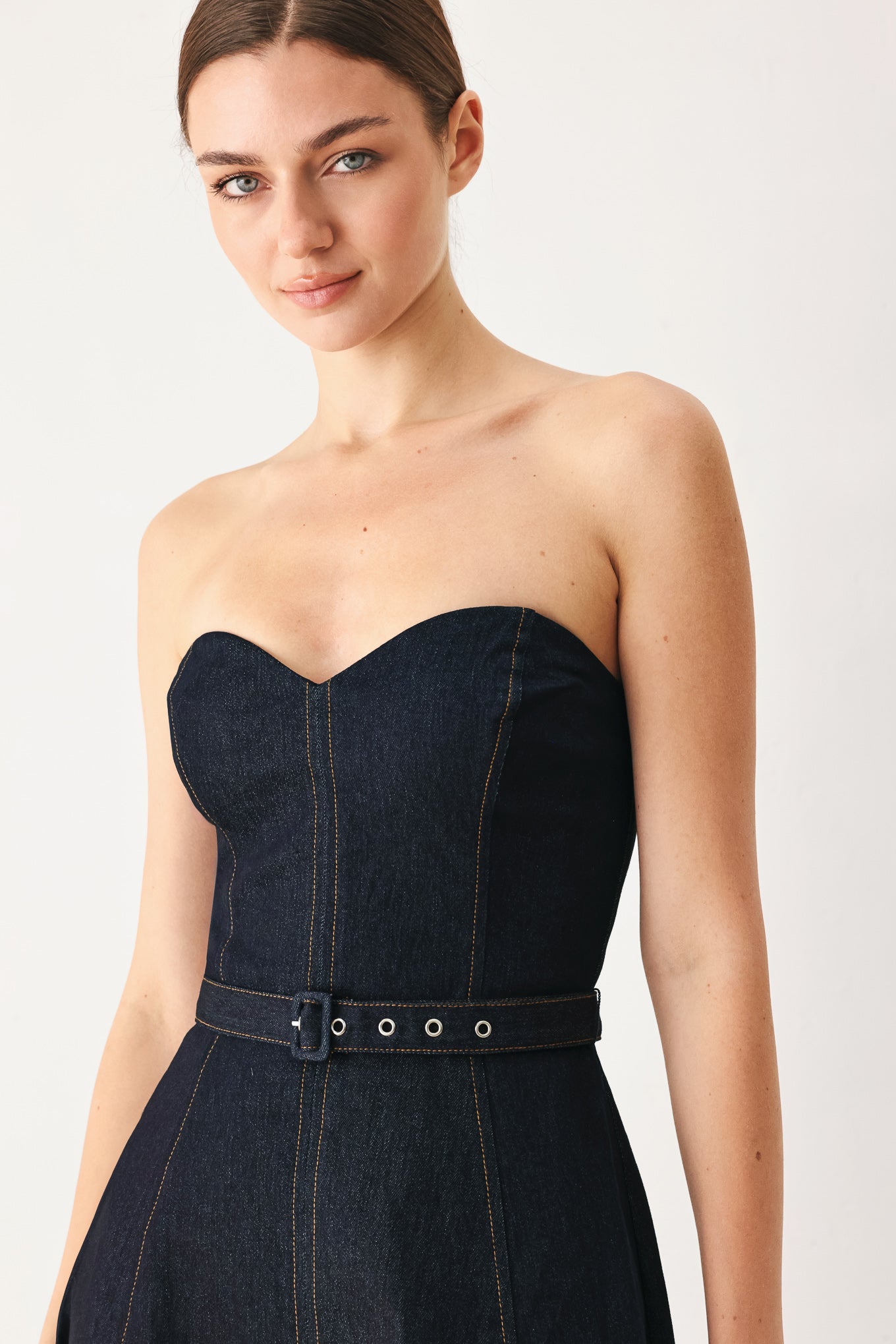 ICONIC INDIGO STRAPLESS DARK DENIM MIDI DRESS