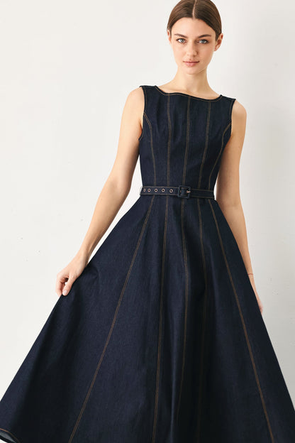 TAILORED STITCH DARK DENIM MIDI DRESS