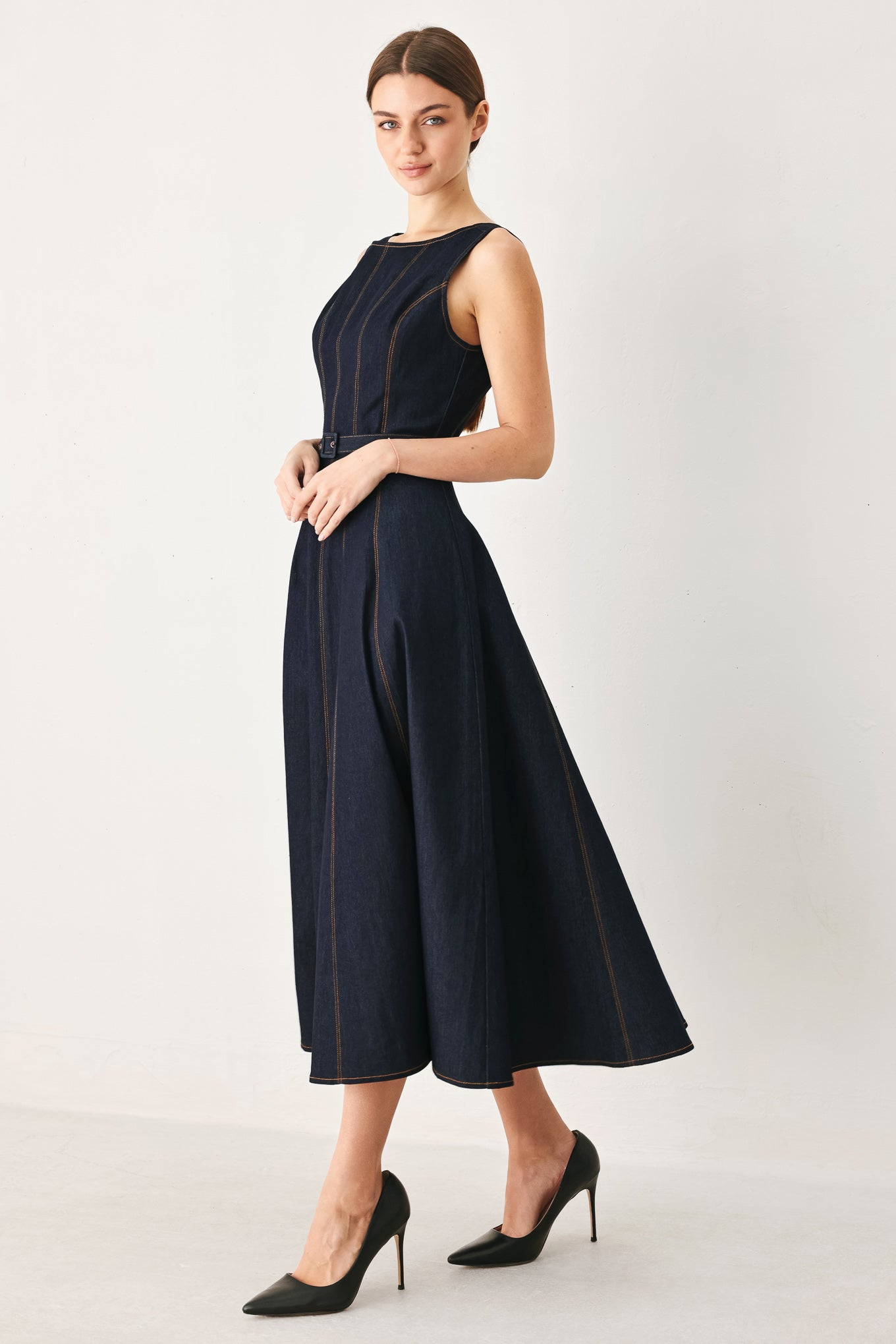 TAILORED STITCH DARK DENIM MIDI DRESS
