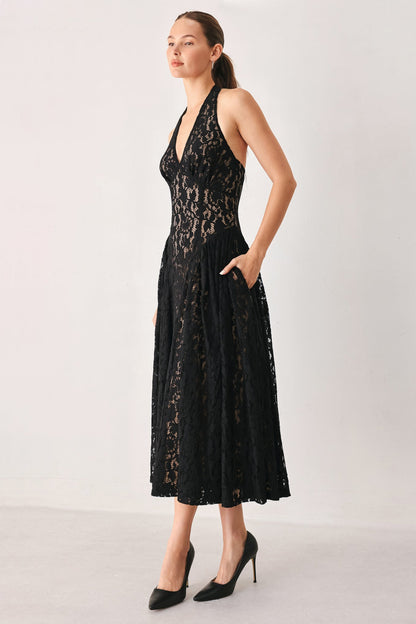 MIDNIGHT OBSIDIAN BLACK LACE HALTER MIDI DRESS