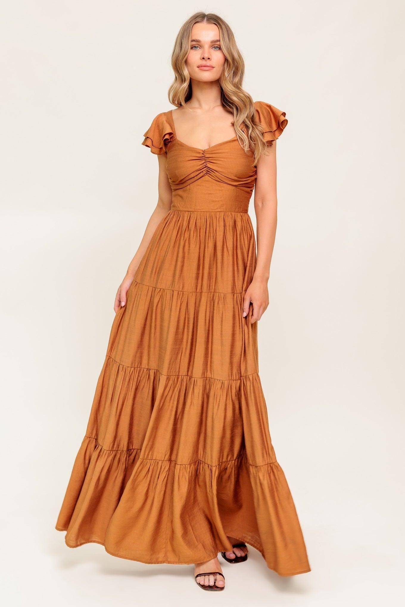 SUMMER EVERMORE RUST FLUTTER SLEEVE MAXI DRESS