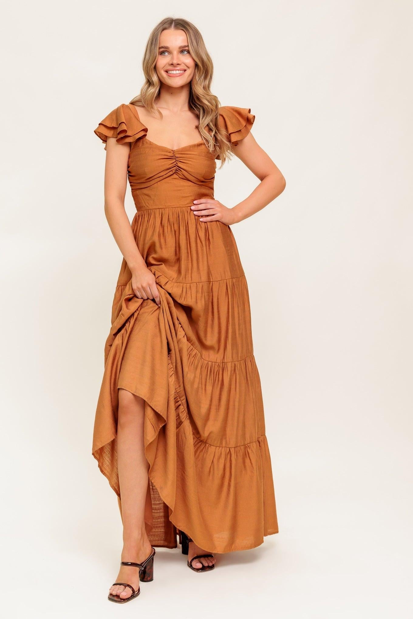 SUMMER EVERMORE RUST FLUTTER SLEEVE MAXI DRESS
