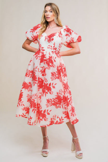 COTTAGE GARDEN PUFF SLEEVE MIDI DRESS RED