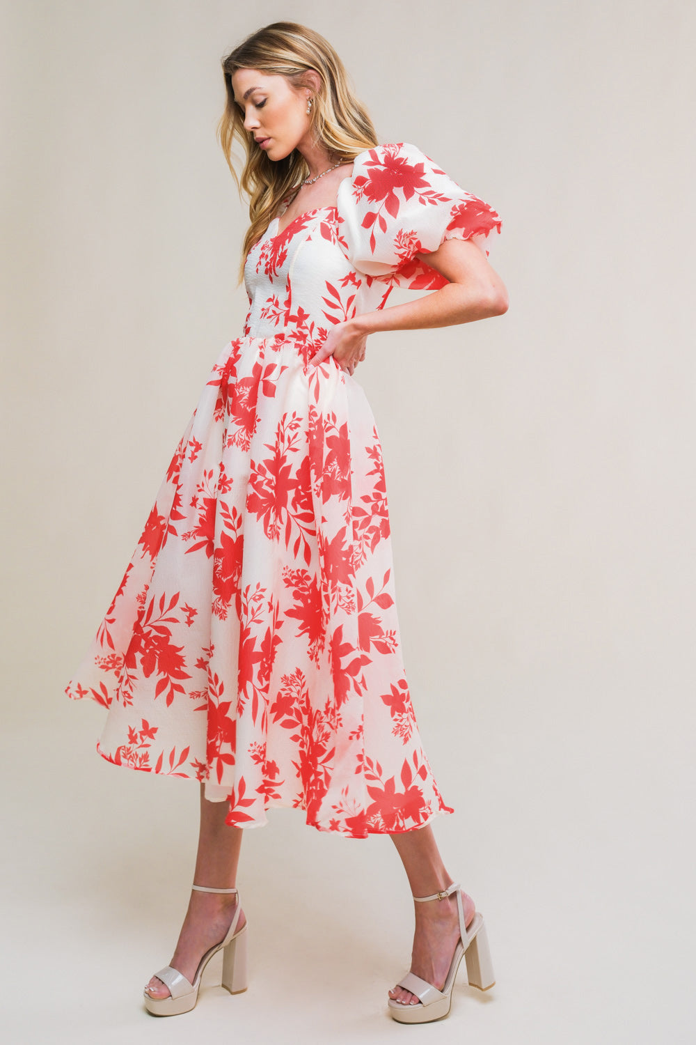 COTTAGE GARDEN PUFF SLEEVE MIDI DRESS RED FINAL