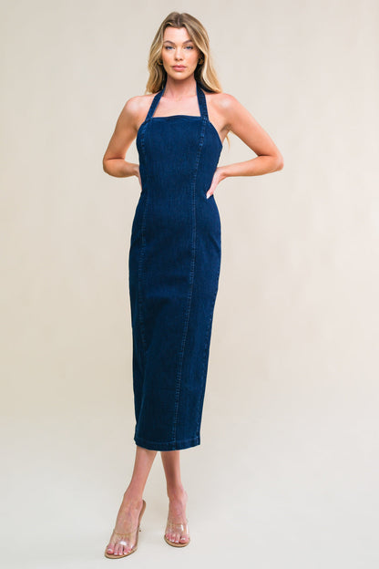 SO QUINTESSENTIAL FITTED HALTER NECK DENIM DRESS