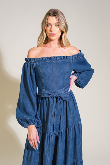 ARTISTIC IMPULSE OFF SHOULDER DENIM DRESS