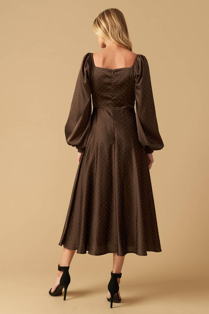 ROMANTIC LOVE BROWN LONG SLEEVE MIDI DRESS