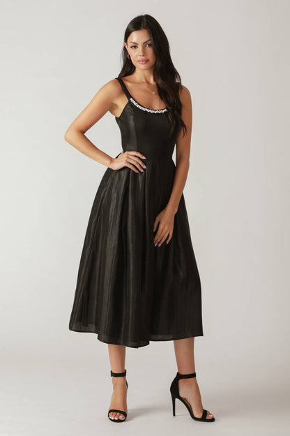 PEARL TRIM BLACK SATIN MIDI DRESS FINAL