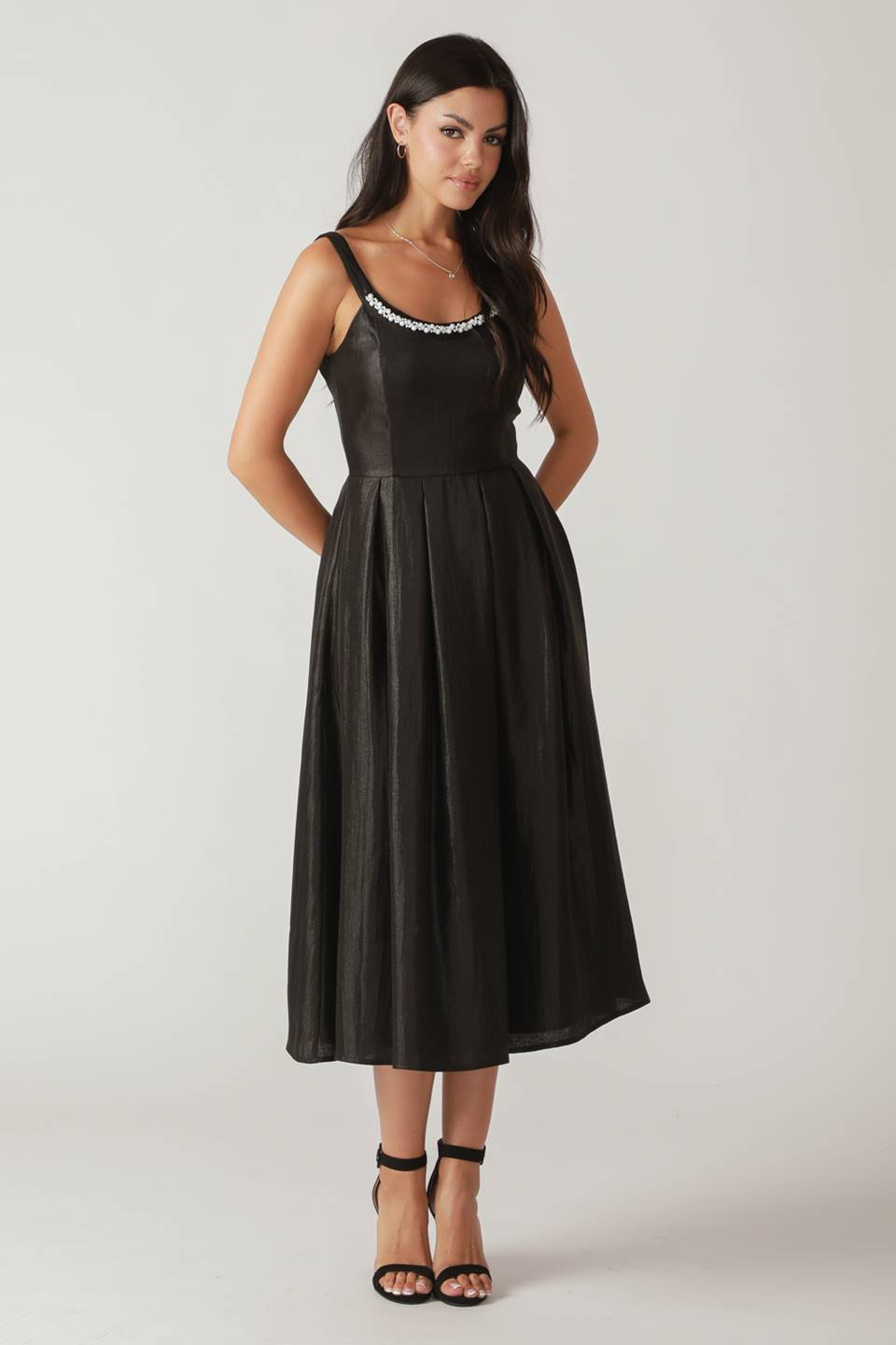 PEARL TRIM BLACK SATIN MIDI DRESS FINAL