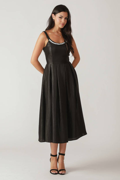 PEARL TRIM BLACK SATIN MIDI DRESS FINAL