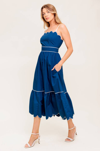 SWEET DREAMS SCALLOPED EDGE MIDI DRESS NAVY