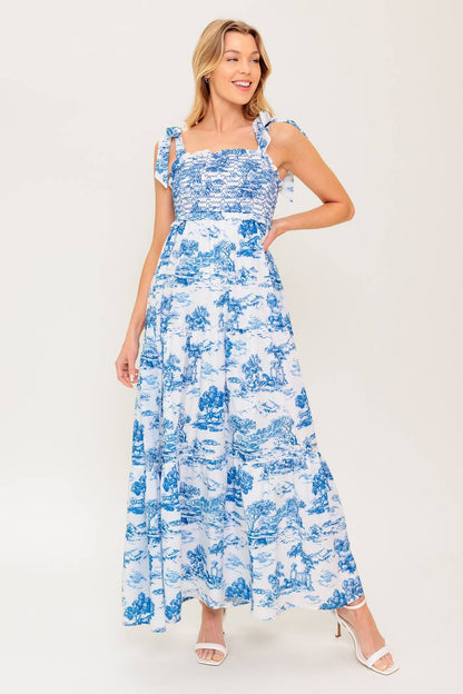 WHEN IN ROME MIDI DRESS BLUE & WHITE TOILE