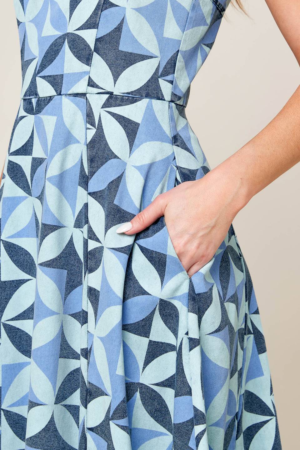 GWENNY GEOMETRIC BLUE DENIM MIDI DRESS FINAL