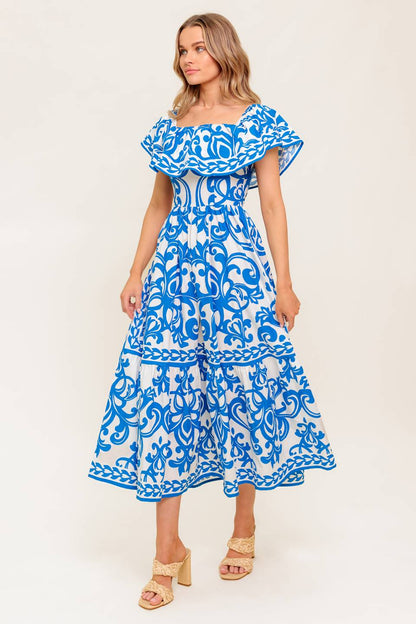SERENADE MIDI DRESS PRINTED OFF SHOULDER COTTON DRESS