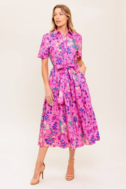 PETAL PRESS PINK & PURPLE FLORAL MIDI DRESS
