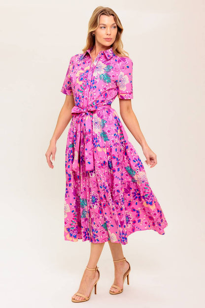 PETAL PRESS PINK & PURPLE FLORAL MIDI DRESS