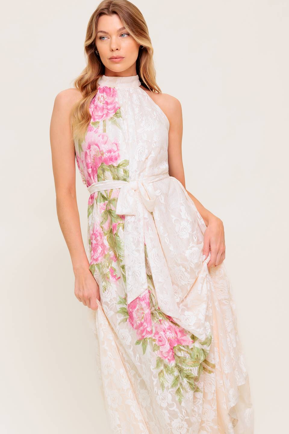 ROSE GARDEN IVORY LACE HALTER MAXI DRESS